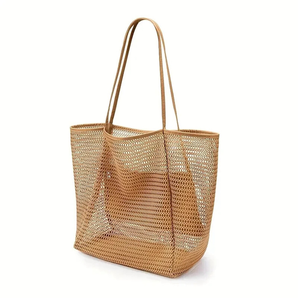 Osadía Large Mesh Plastic Beach Tote Bag Tan Transparent Summer Bag